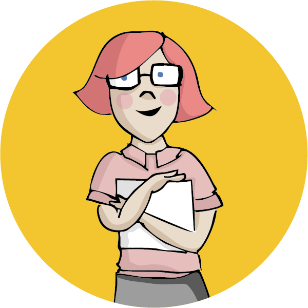 freundliche Frau mit roten halblangen Haaren und Brille, die Papiere in den Armen hält - im Comic-Stil