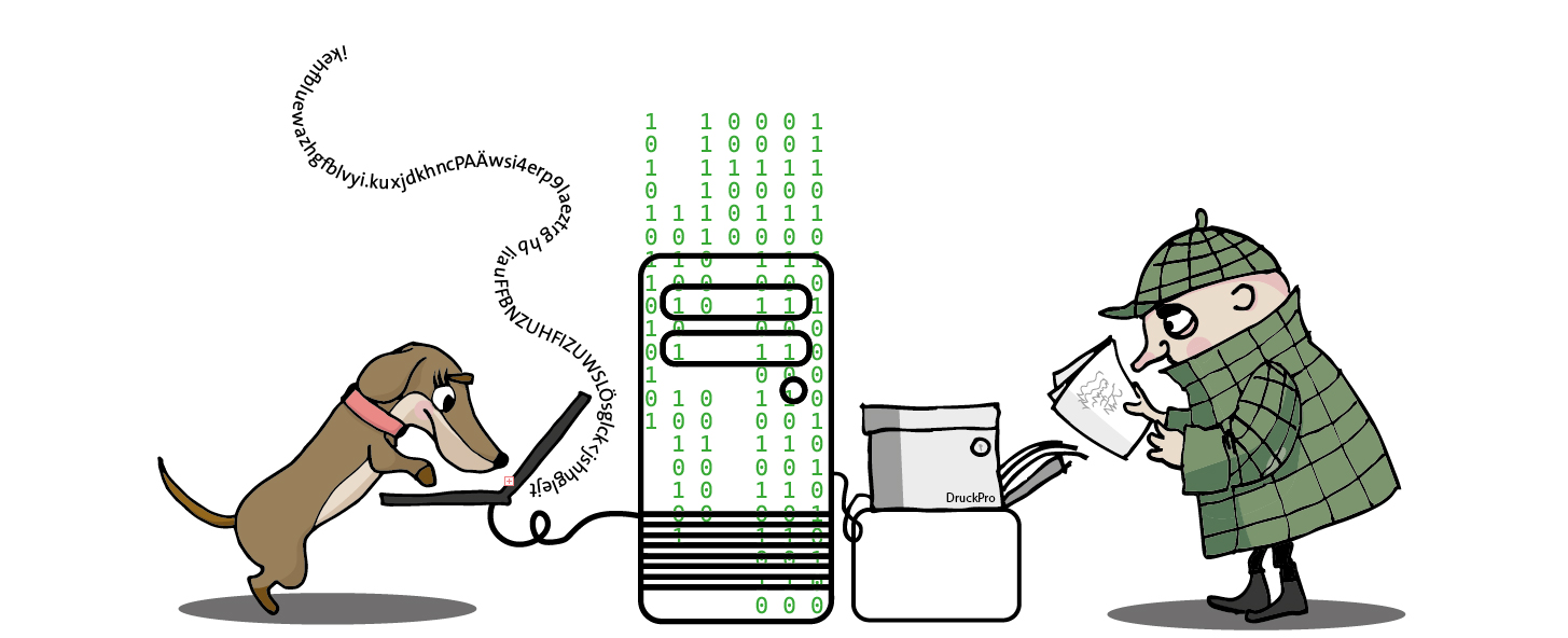 Pixi schreibt, der PC verarbeitet dies, Detektiv Homms hält einen Ausdruck in der Hand