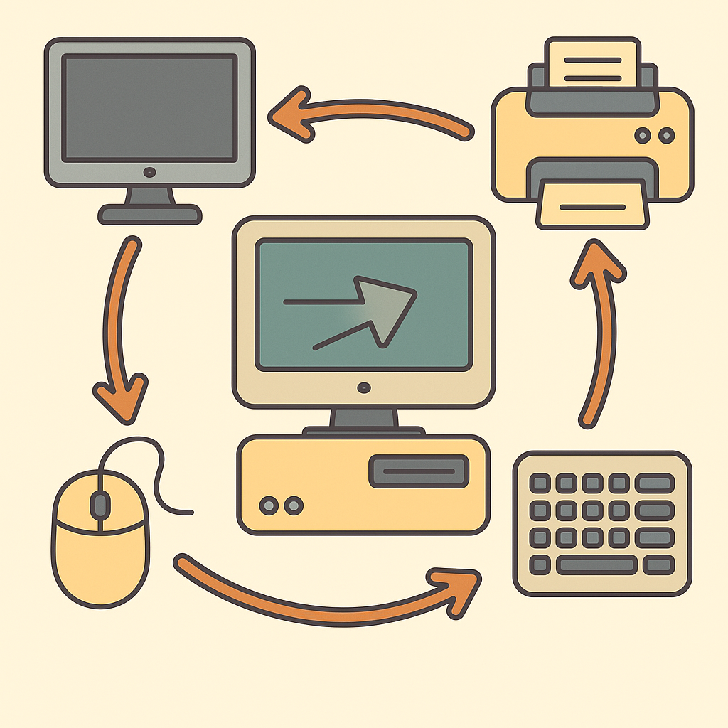 Grafik eines PC mit um ihn herum angeordneten Geräten