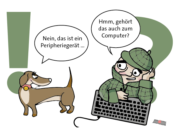 Pixi und Homms rätseln, was zu einem Computer gehört und was zur Peripherie.