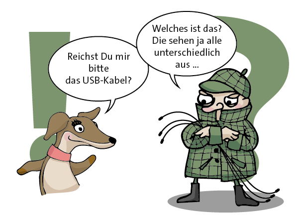 Pixi fragt Homms nach einem USB-Kabel. Homms hat viele Kabel im Arm und weiß nicht, welches Pixi möchte.