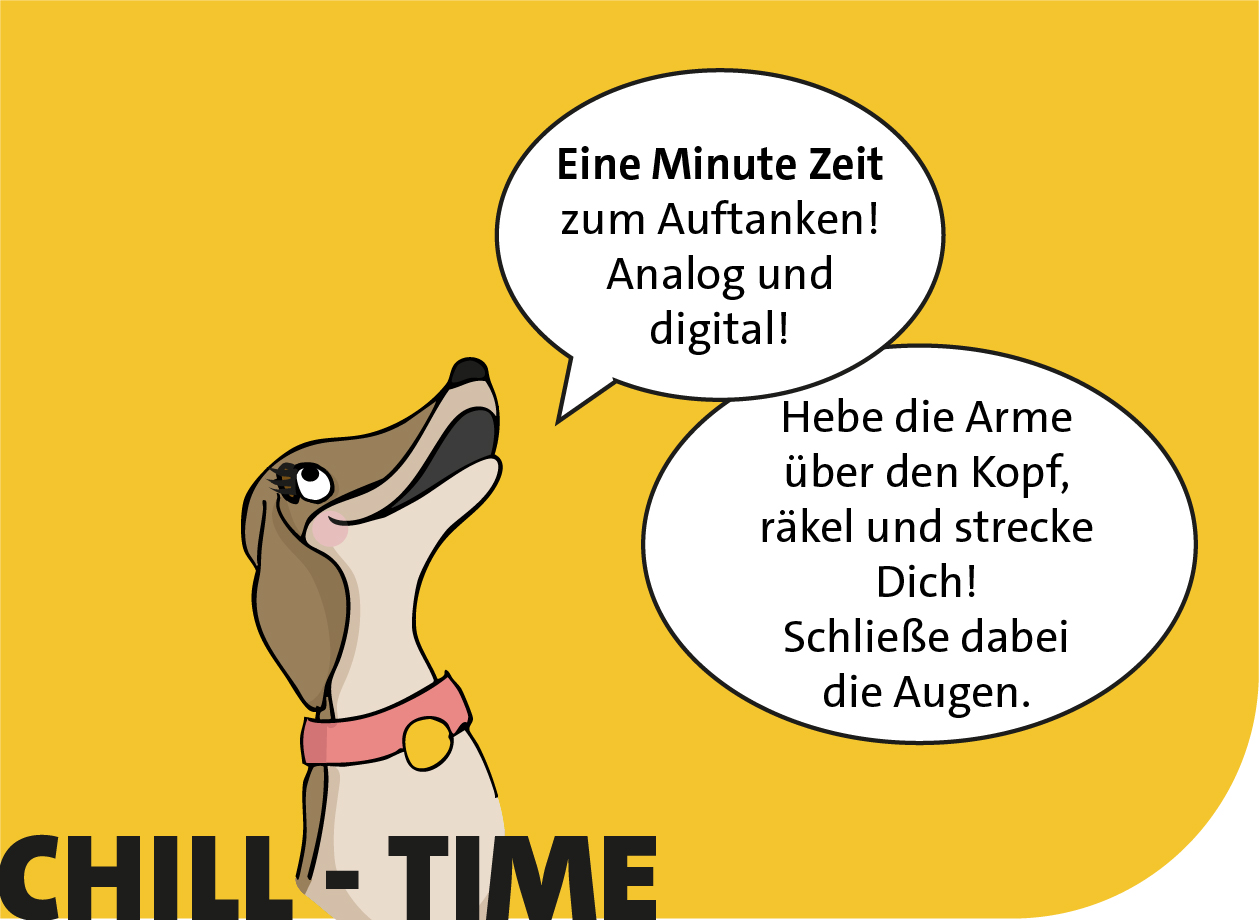 Pixi gibt Hinweise zur Chilltime: Räkeln, Arme über den Kopf strecken - JETZT