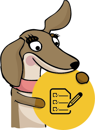 Pixi hält ein Test-Aufgabenblatt in den Pfoten