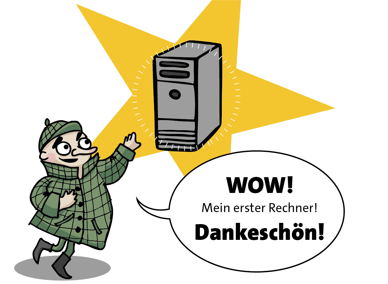 Homms erhält seinen ersten Rechner und freut sich: "Wow, mein erster Rechner! Dankeschön!"