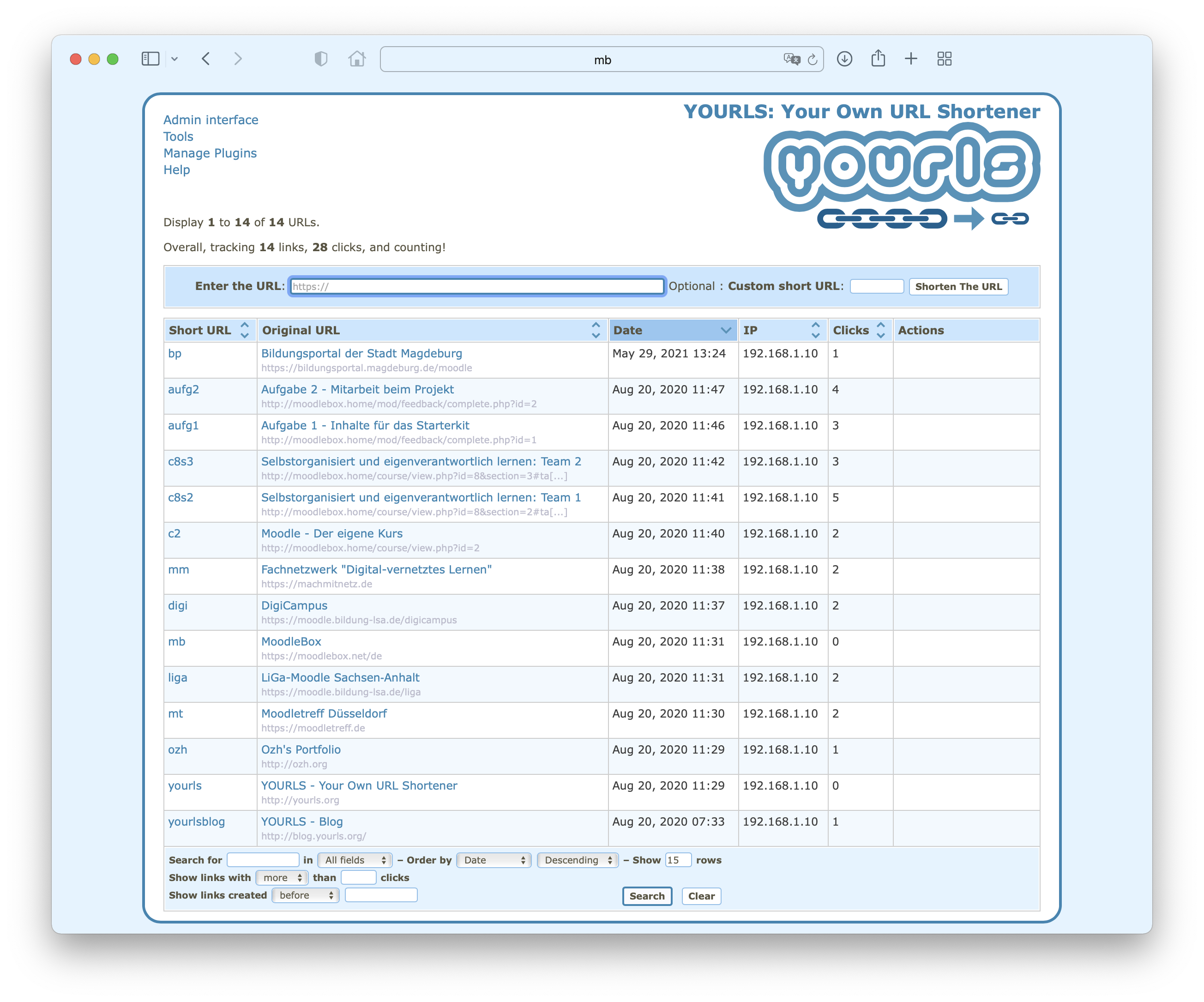 MoodleBox mit Yourls