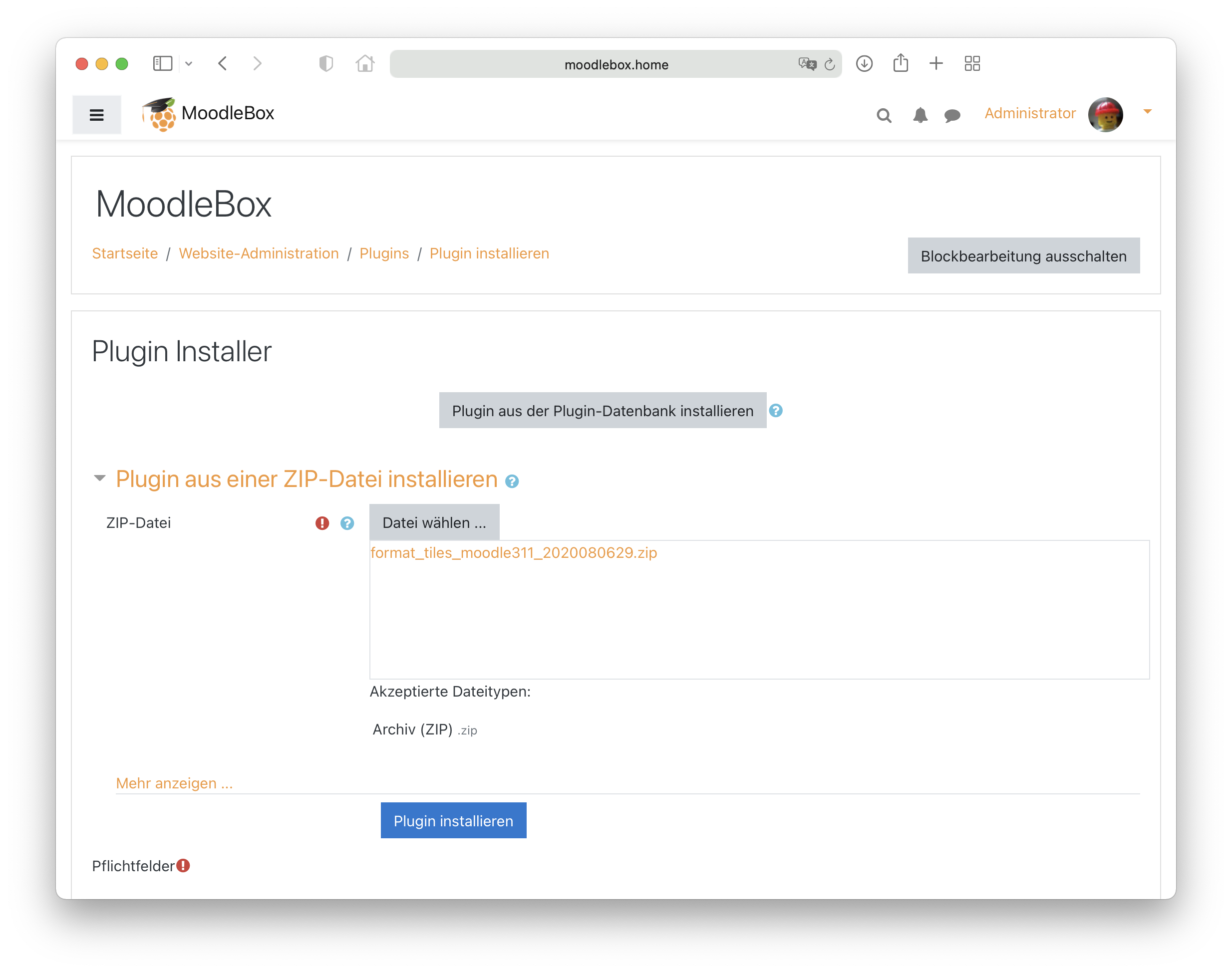 Moodle-Plugin installieren - ZIP-Datei hochladen